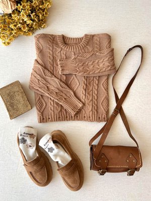 Karamel Örgülü Crop Kazak