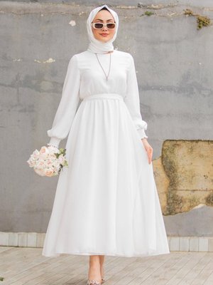Moss Şifon Gipeli Elbise Beyaz