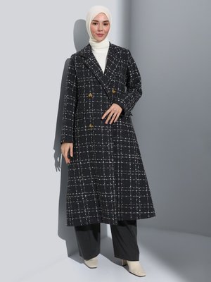 Koyu Gri Desenli Süs Düğme Detaylı Kaban