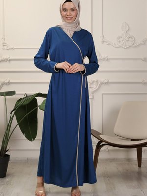 Mavi Kruvaze Yaka Biyeli Esnek İnterlok Kumaş Namaz Elbisesi