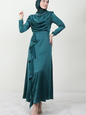 Eteği Pelerinli Degaje Elbise Zümrüt