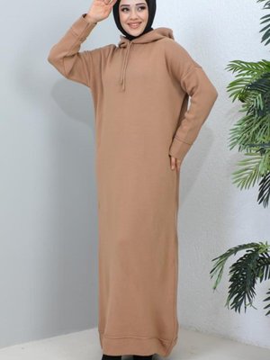 Kapüşonlu Triko Elbise Vizon