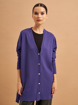 Merserize Etek Detaylı Triko Hırka Orta Boy H Mor