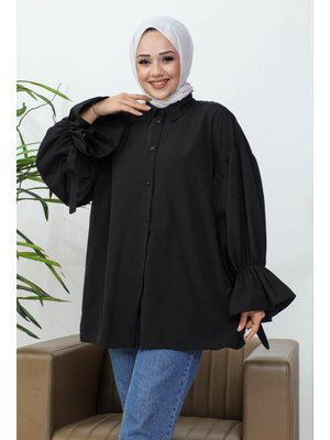 Siyah Balon Kol Detaylı Terikoton Gömlek