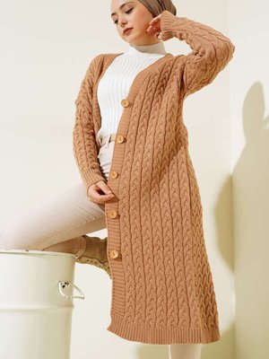 Düğmeli Uzun Triko Hırka Camel