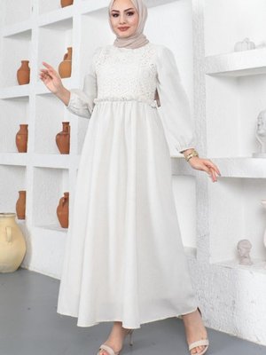 Dantel Detaylı Keten Elbise Taş Rengi