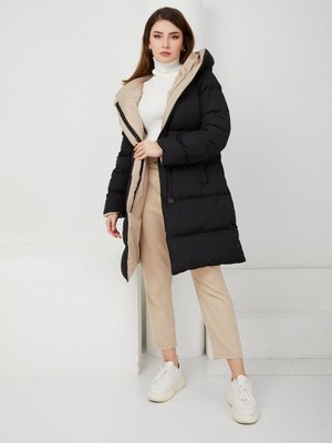 Kapüşonlu İki Renkli Çift Taraflı Şişme Mont Siyah Taş