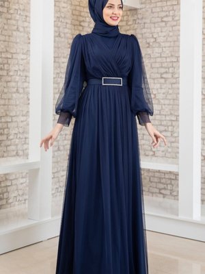 Lacivert Kemeri Taşlı Tül Detay Abiye Elbise
