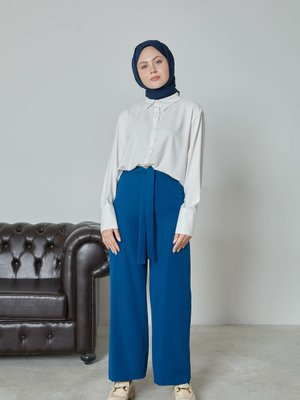 Bel Lastik Detaylı Bol Pantolon İndigo Bel Lastik Detaylı Bol Pantolon İndigo