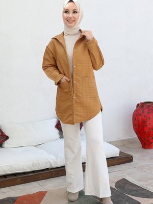 Selen Çift Cep Kapüşonlu Kapitone Kap Vizon