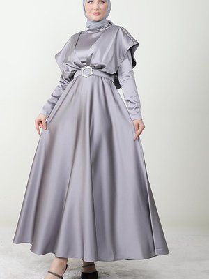 Kemeri Taşlı Kloş Elbise Gümüş