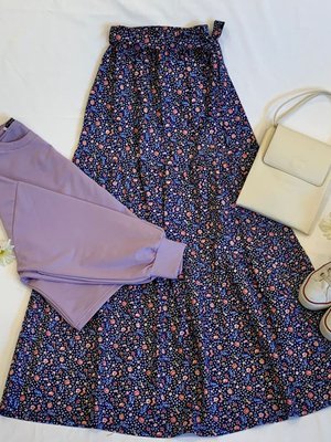 Lila Crop & Lacivert Küçük Çiçek Kat Kat Etek
