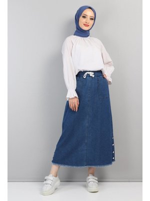 Mavi Yanları Çakımlı Kot Etek Koyu