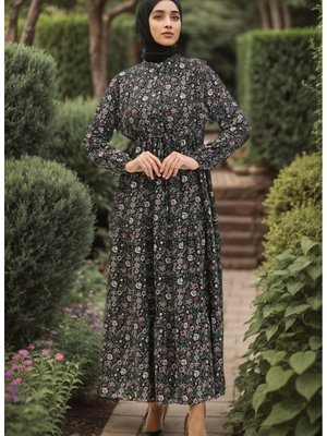 Desenli Viskon Elbise Siyah
