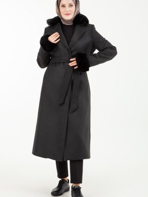 Seyyar Kürklü Supatlı Belden Bağlamalı Kaşe Kaban Antrasit