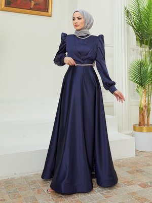 Bera Beli Taş Süslemeli Saten Abiye Elbise Lacivert