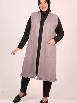 Gri Büyük Beden Cep Detaylı Nubuk Yelek