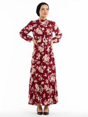 Li Kemer Detaylı Çiçek Desenli Elbise Bordo Sevit Li Kemer Detaylı Çiçek Desenli Elbise Bordo Sevit
