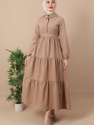 Standart Yaka Düğmeli Elbise Vizon Standart Yaka Düğmeli Elbise Vizon