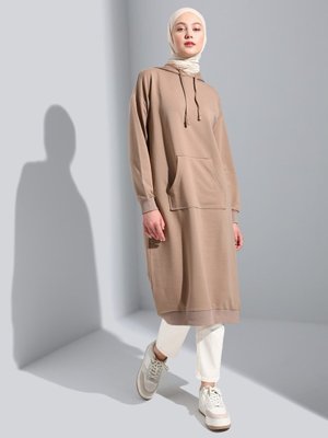 Kanguru Cepli Kapüşonlu Uzun Sweatshirt Taş Rengi