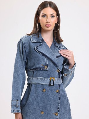 Mavi Kemerli Denim Trençkot Omuz Ve Kol Apolet Detaylı Trenç