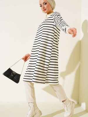 Yaka Fermuarlı Çizgili Tunik Siyah