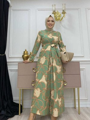 Güğüs Kısmı Gizli Düğmeli Bel Kuşaklı Desenli Tulum Mint