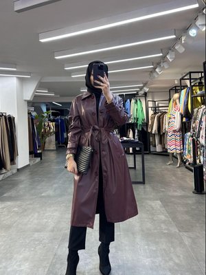 Classic Düğmeli Deri Trençkot Bordo