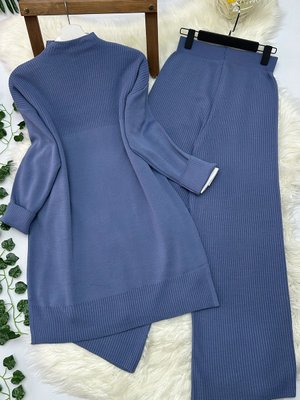 Fitilli Triko Tunik Pantolon Takım İndigo