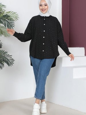 Taş Detaylı Oversize Gömlek Siyah Taş Detaylı Oversize Gömlek Siyah