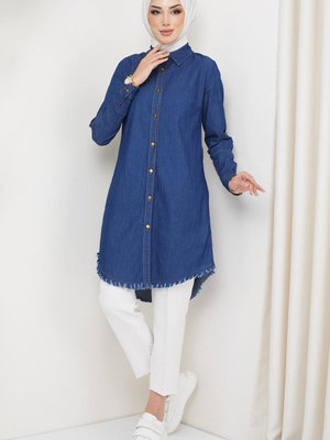 Büyük Beden Düğmeli Kot Tunik Koyu Mavi