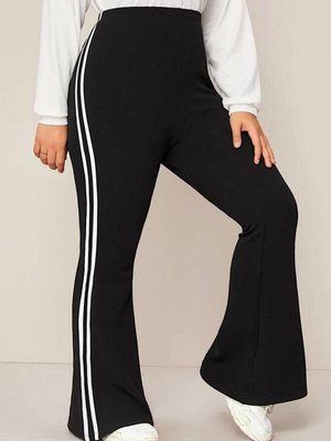 Büyük Beden Toparlayıcı Dalgıç Kumaş Siyah Beyaz Şeritli Ispanyol Paça Pantolon