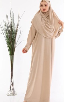 Pratik Başörtülü Tek Parça Namaz Elbisesi Vizon
