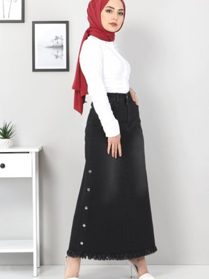 Yanları Çakımlı Kot Etek Siyah