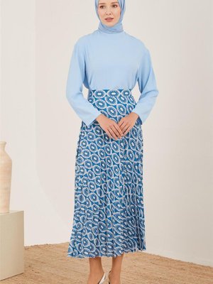 Desenli Ve Piliseli Etek Marine