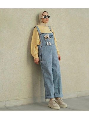 Tam Boy Düğme Ayıcık Detaylı Rahat Kalıp Kot Ayarlanabilir Askılı Tulum Tam Boy Düğme Ayıcık Detaylı Rahat Kalıp Kot Ayarlanabilir Askılı Tulum