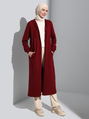 Bordo Fermuarlı Kapüşonlu Uzun Spor Kap