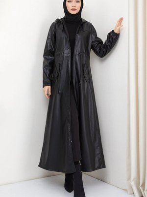 Kapüşonlu Bağlamalı Uzun Deri Trençkot Siyah Kapüşonlu Bağlamalı Uzun Deri Trençkot Siyah