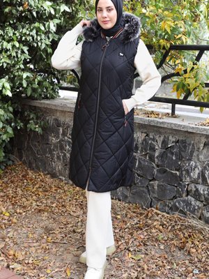 Kadın Siyah Kapüşonlu Şişme Yelek T