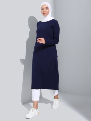 Lacivert Bisiklet Yaka Uzun Tunik
