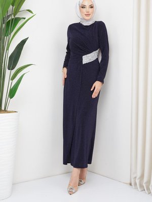Linda Simli Taşlı Kalem Abiye Elbise Lacivert