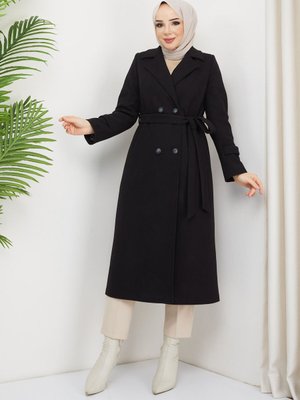 Siyah Çift Düğmeli Trençkot Kaban, Kruvaze Yaka Kaşe Kaban