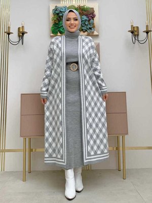 Baklava Desen Triko Hırka Gri