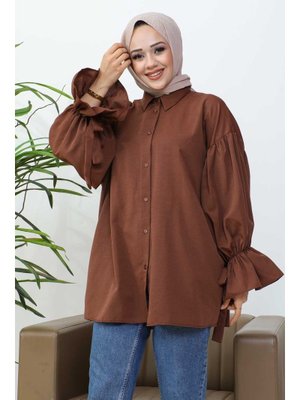 Kahverengi Balon Kol Detaylı Terikoton Gömlek