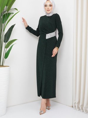 Linda Simli Taşlı Kalem Abiye Elbise Zümrüt Yeşili