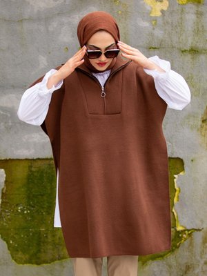 Triko Panço Fermuar Yakalı Kahve