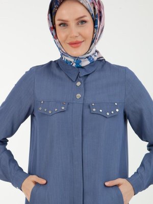 Düğmeli Gömlek Yakalı Elbise Tunik İndigo