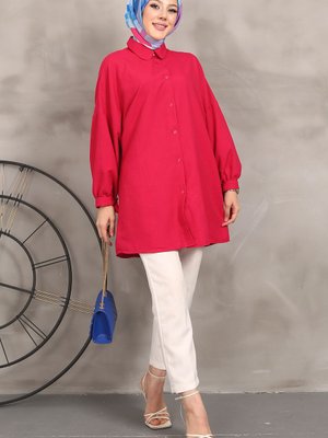 Fuşya Kol Bağlamalı Kendinden Desenli Gömlek