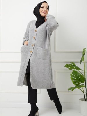 Düğmeli Cepli Gri Triko Salaş Hırka