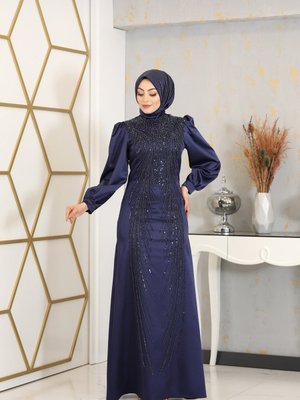 Balon Kollu Masal Abiye Elbise Lacivert